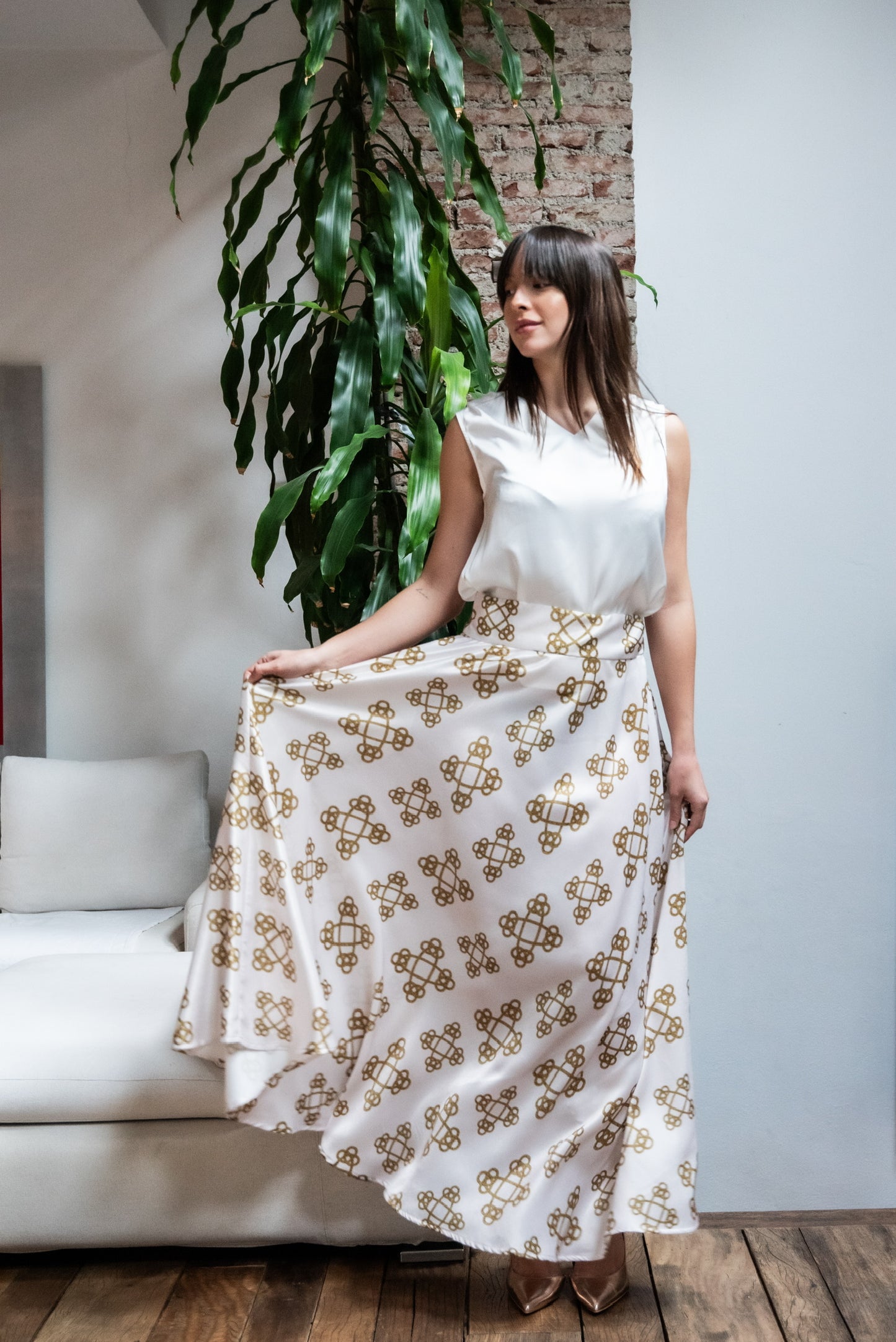 Gonna Valentina Catene Tessuto Satin Panna