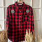 Camicia rossa quadri neri e fiocchi di neve