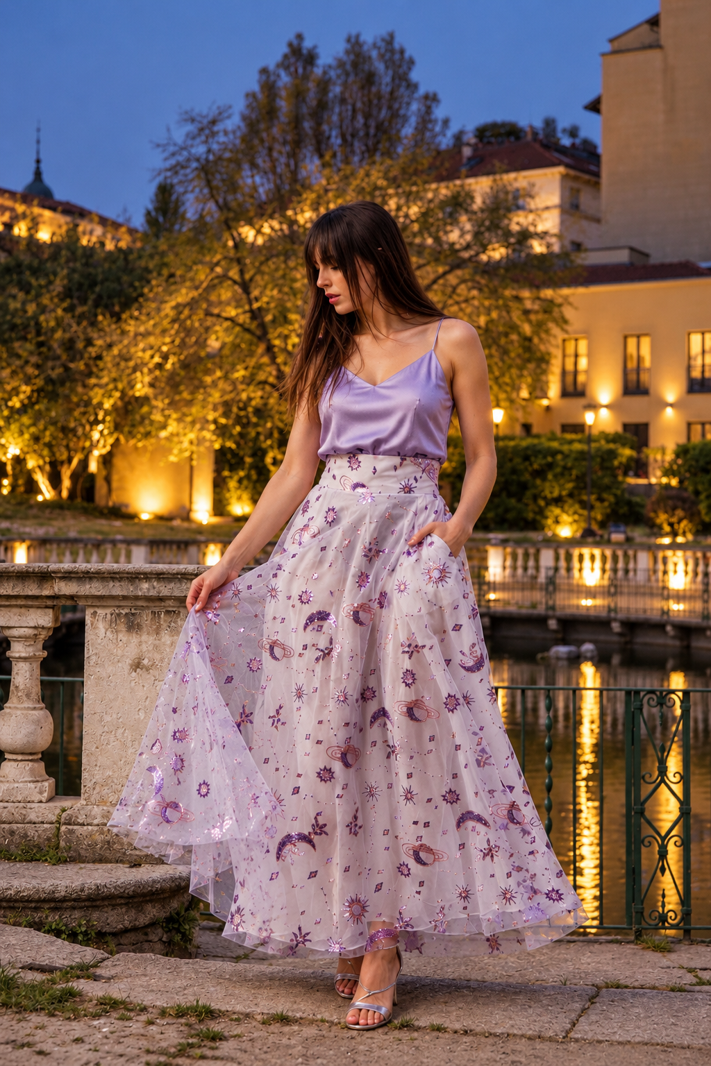 Gonna VALENTINA organza e paillettes lilla LUXURY EDITION