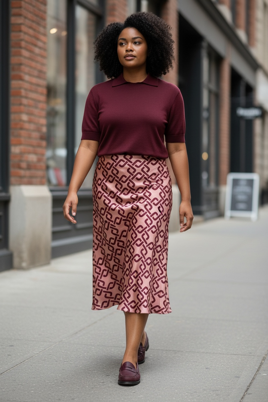 Gonna Nina in satin Mocha Mousse e greche bordeaux