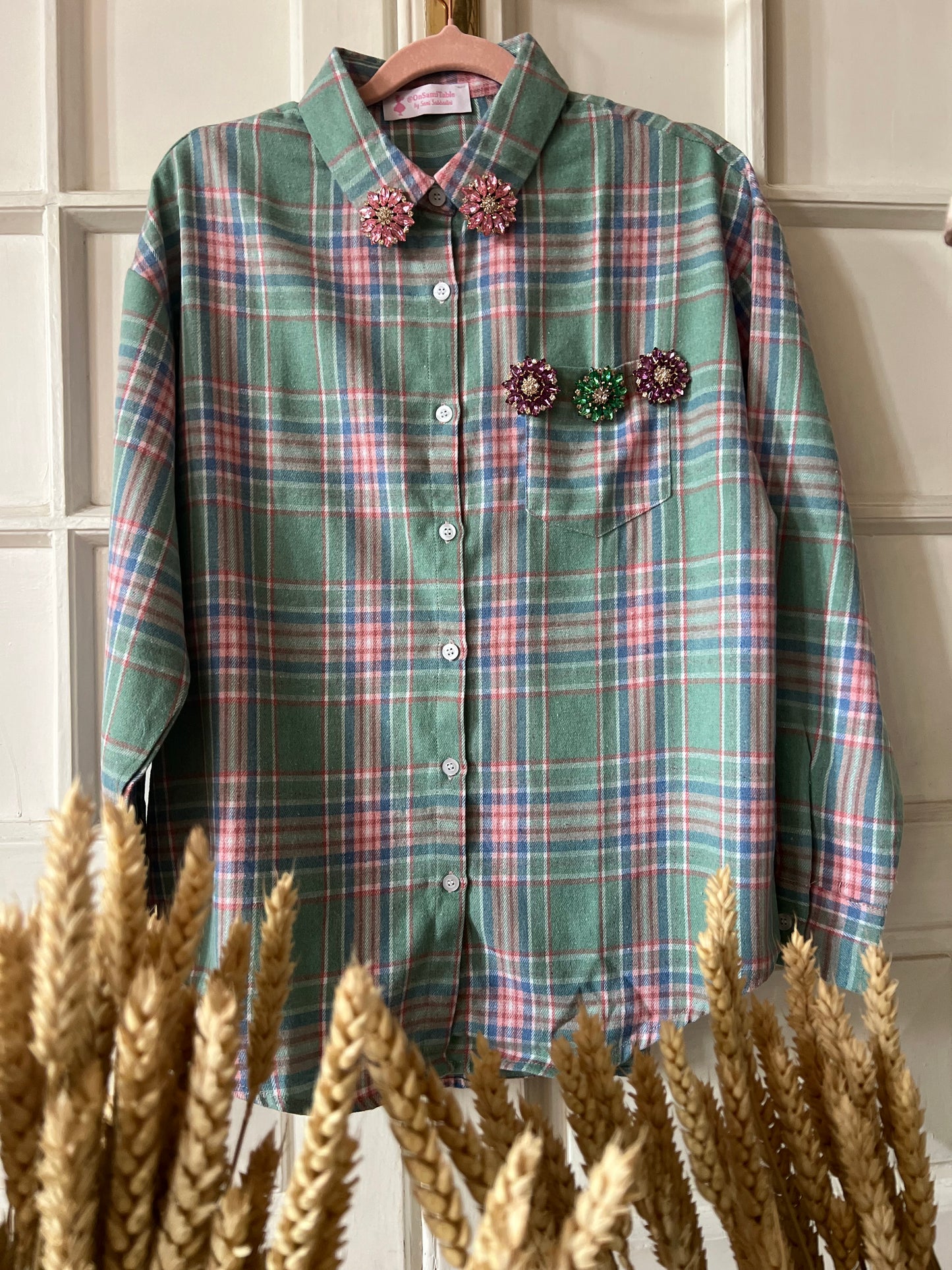 Camicia Verde quadri Rosa con Fiori