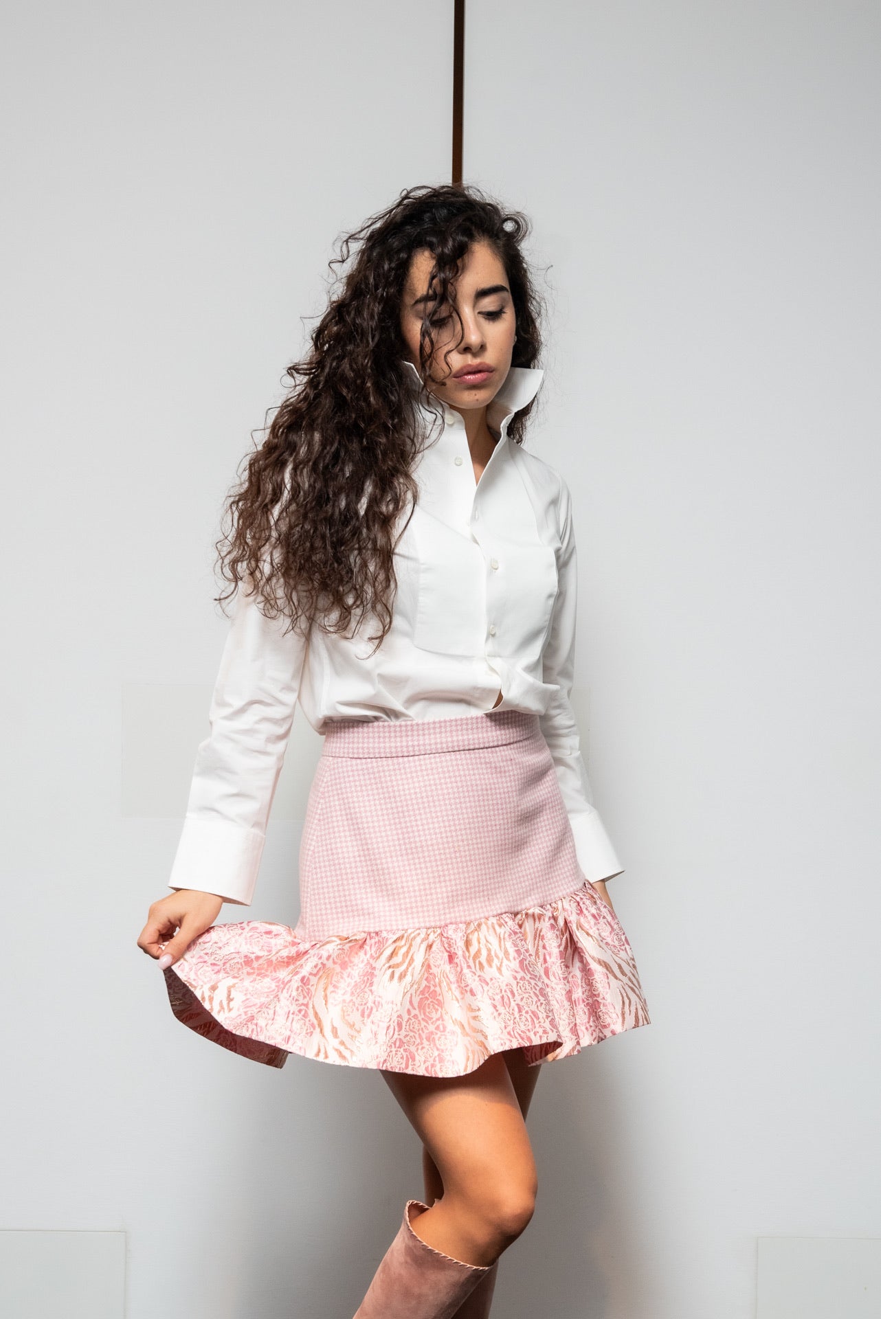 Gonna Kiki in Lana con Balza in Broccato Rosa Cipria