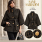 Giacca a cappa in tweed nero e oro con cintura