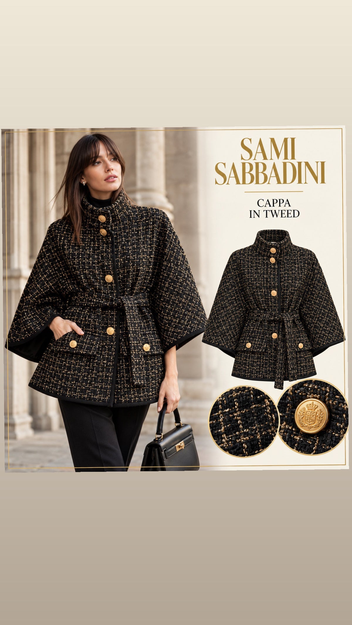 Giacca a cappa in tweed nero e oro con cintura