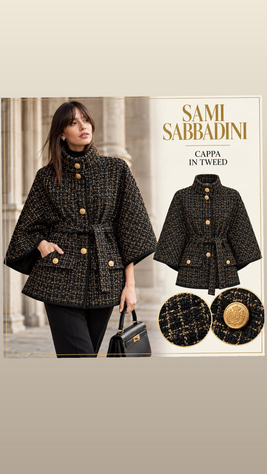 Giacca a cappa in tweed nero e oro con cintura