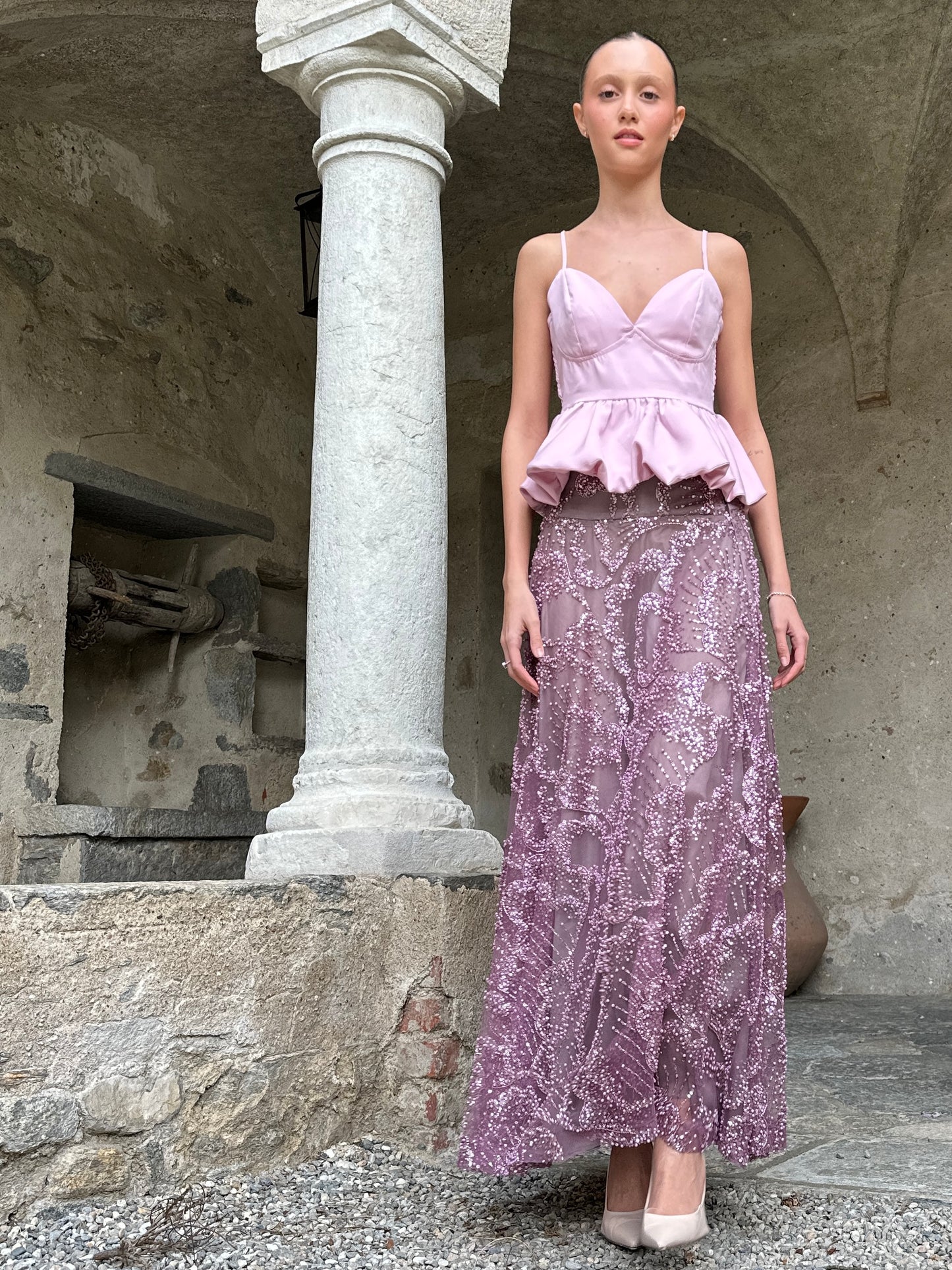 Gonna Valentina Paillettes e Cristalli LUXURY EDITION malva