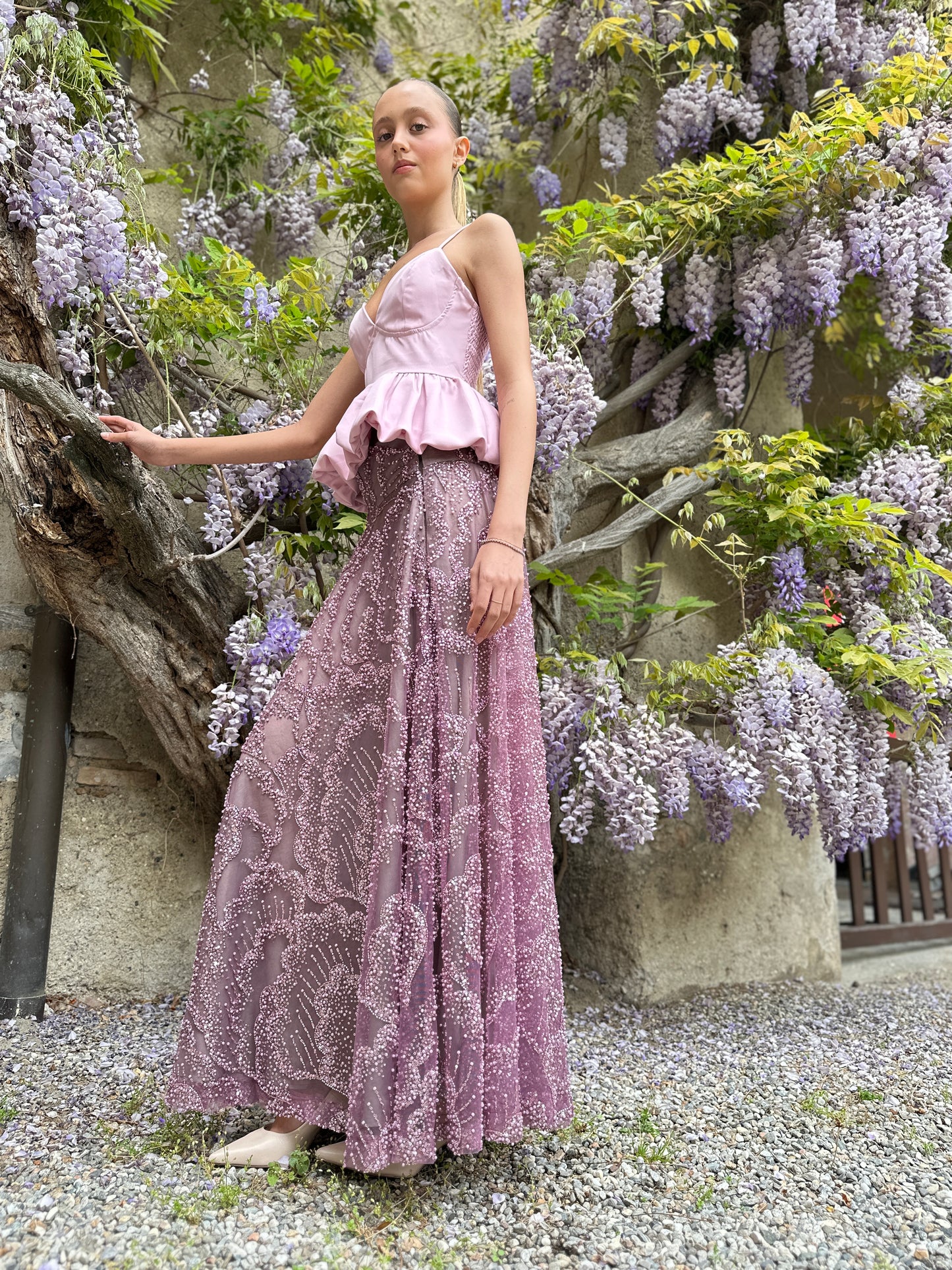 Gonna Valentina Paillettes e Cristalli LUXURY EDITION malva