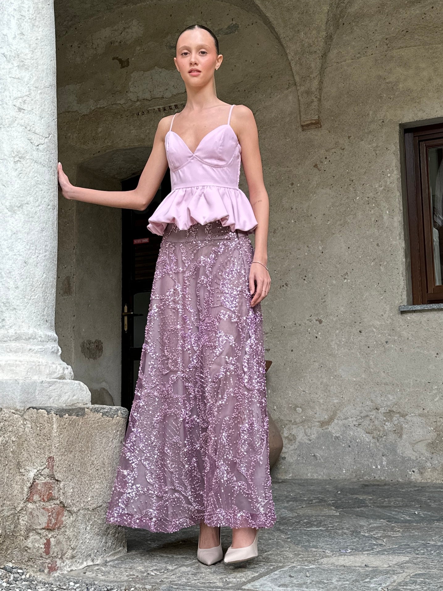 Gonna Valentina Paillettes e Cristalli LUXURY EDITION malva