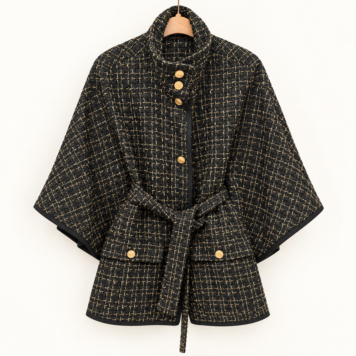 Giacca a cappa in tweed nero e oro con cintura