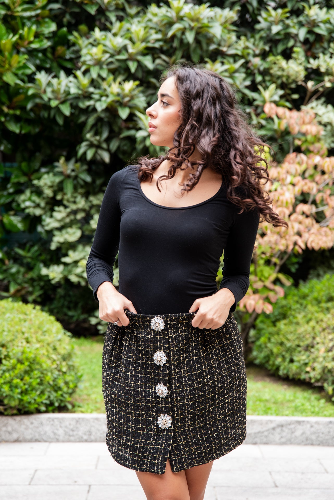 Gonna Tiziana Tweed Nero Bottoni gioiello