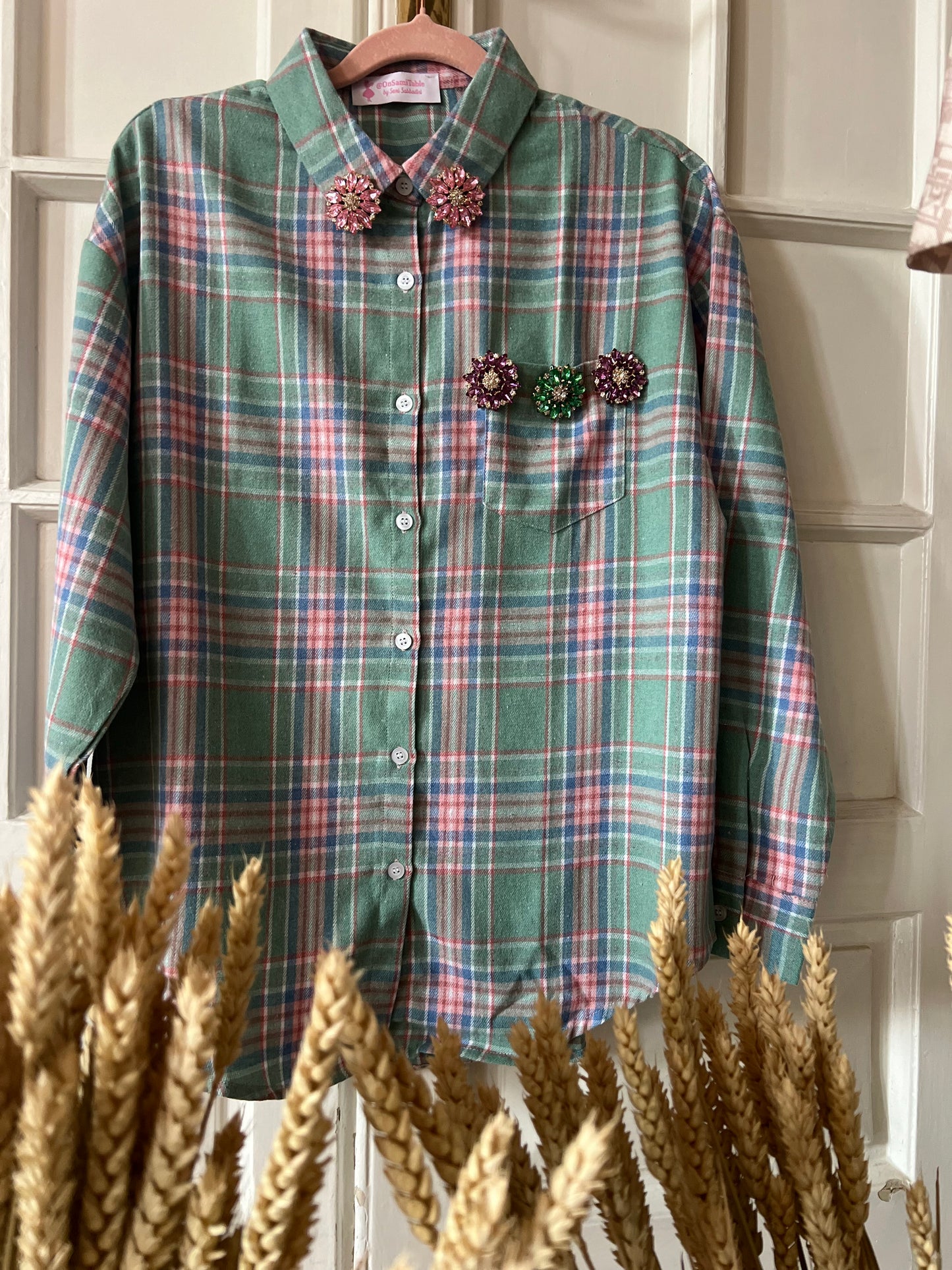 Camicia Verde quadri Rosa con Fiori