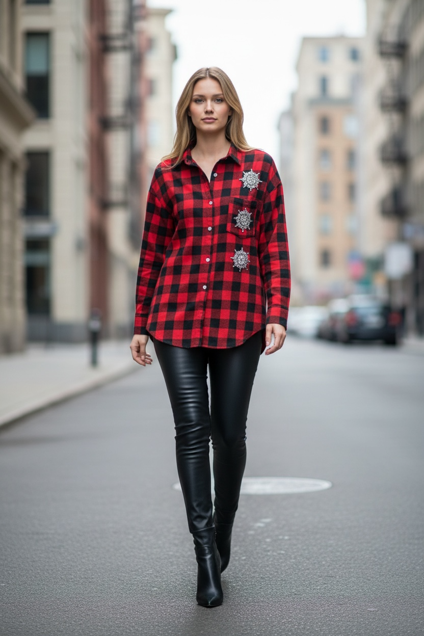 Camicia rossa quadri neri e 3 fiocchi di neve