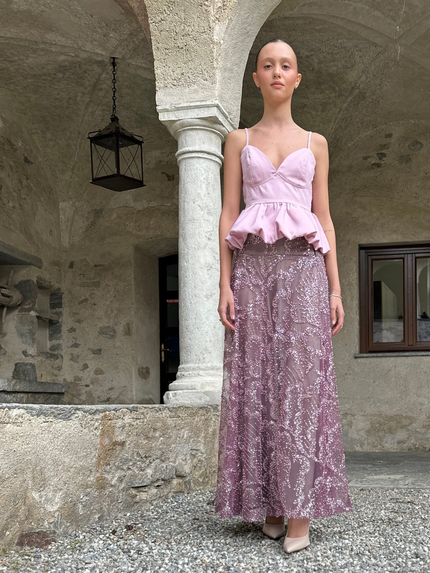 Gonna Valentina Paillettes e Cristalli LUXURY EDITION malva