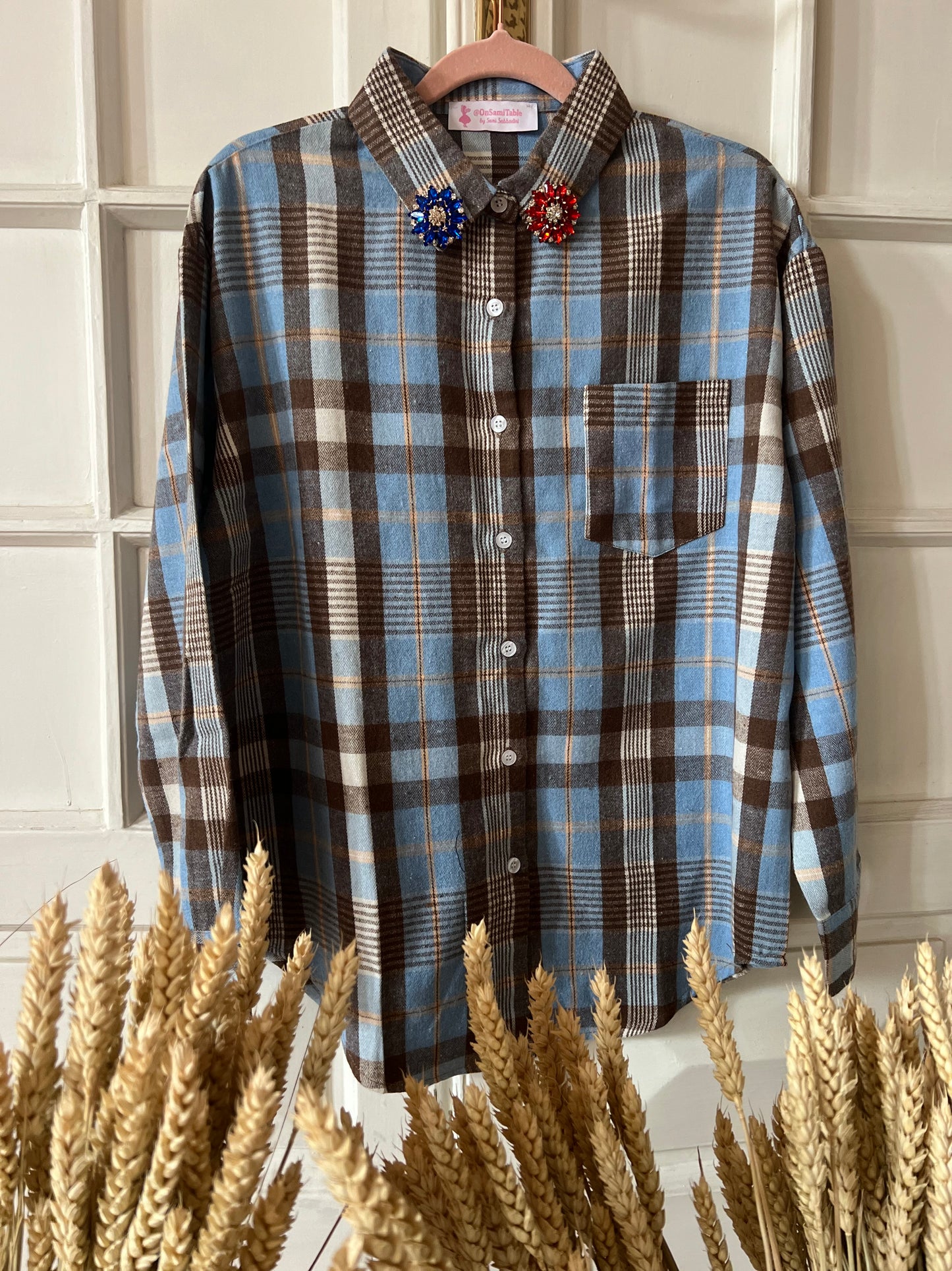 Camicia Azzurra Quadri Marroni e fiori