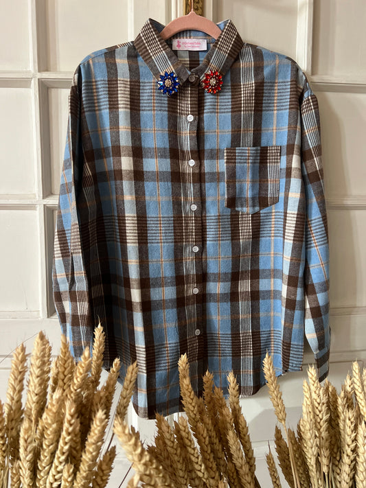 Camicia Azzurra Quadri Marroni e fiori