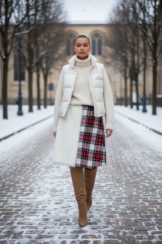 Gonna Monica in ecopelliccia bianca e lana scozzese
