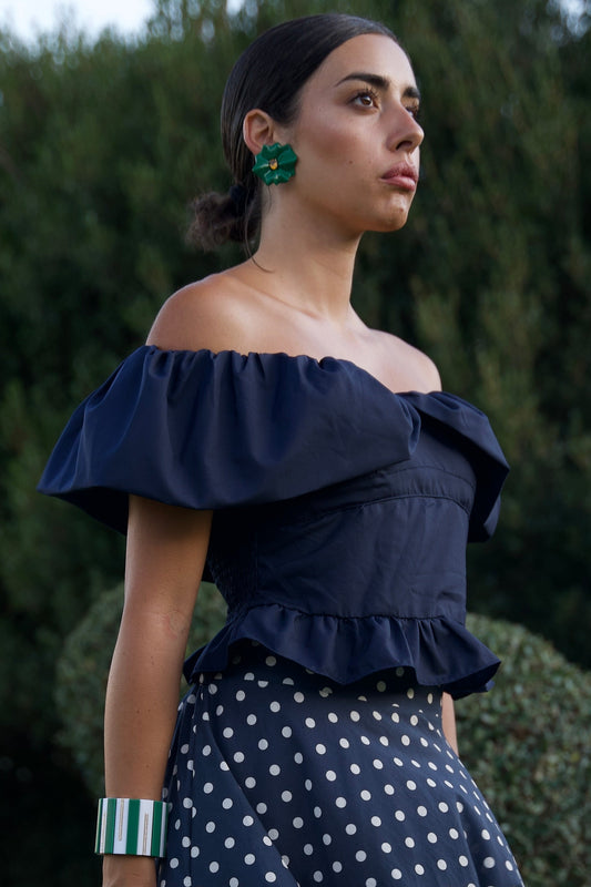 Top in cotone con volant e spalle scoperte nero blu