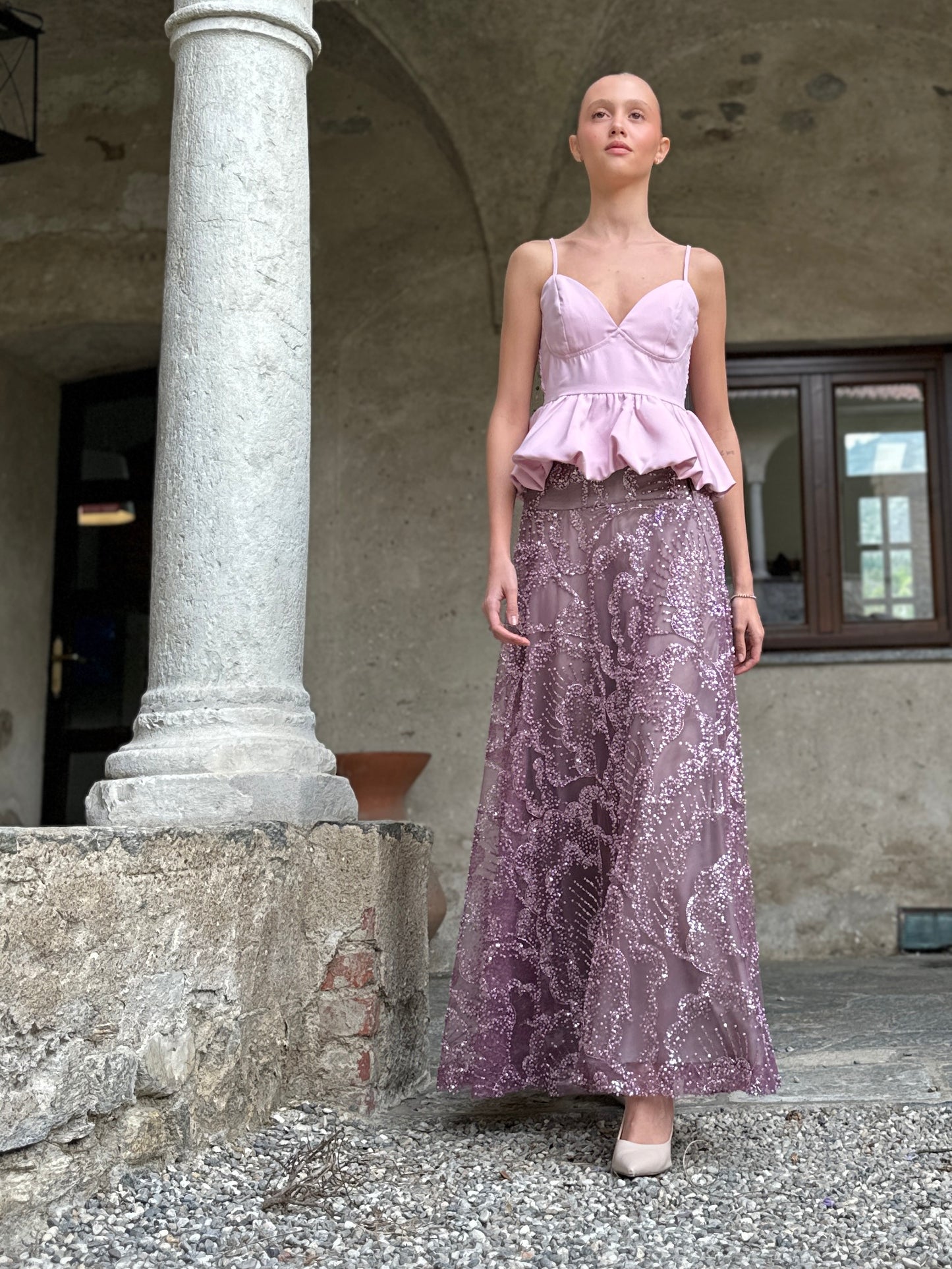 Gonna Valentina Paillettes e Cristalli LUXURY EDITION malva