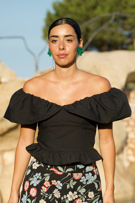 Top in cotone con volant e spalle scoperte nero