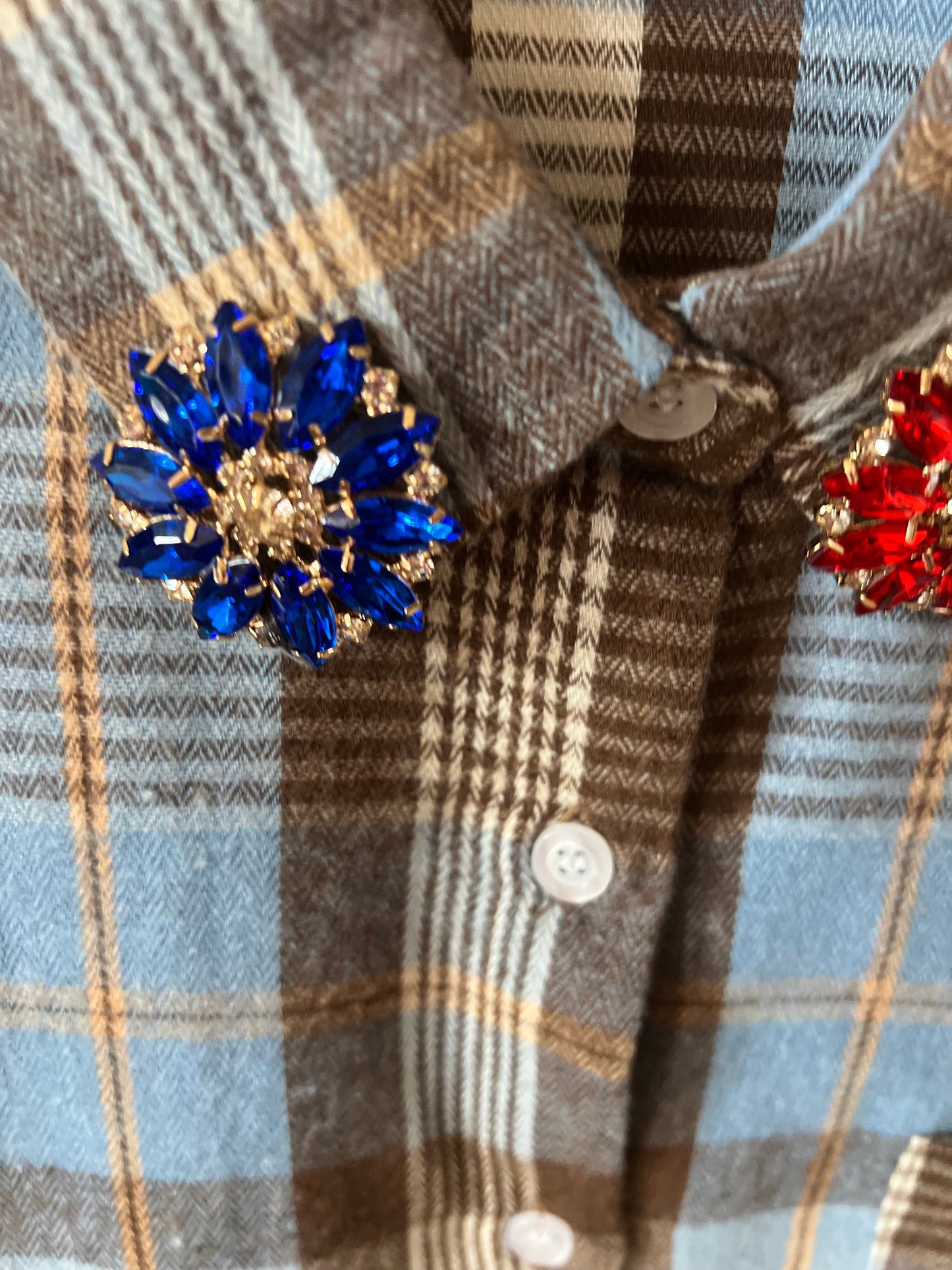 Camicia Azzurra Quadri Marroni e fiori