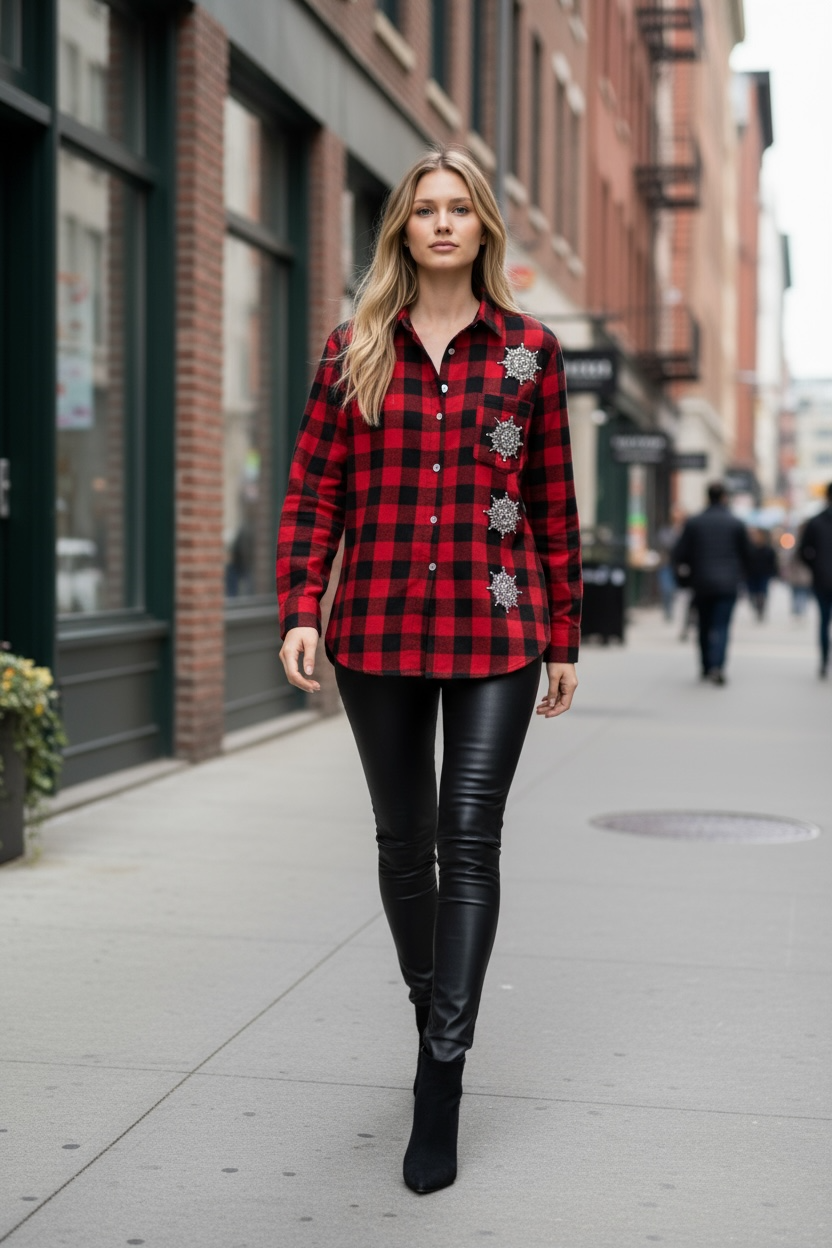 Camicia rossa quadri neri e 3 fiocchi di neve