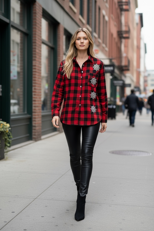 Camicia rossa quadri neri e 3 fiocchi di neve