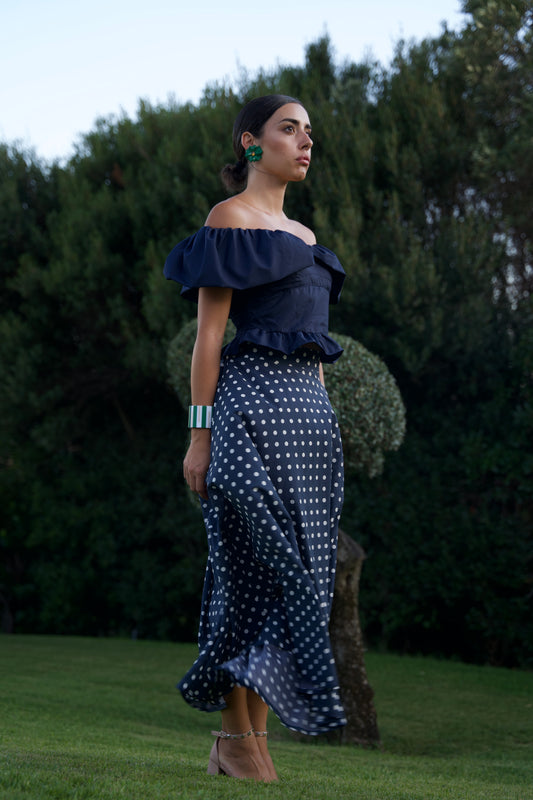 Top in cotone con volant e spalle scoperte nero blu