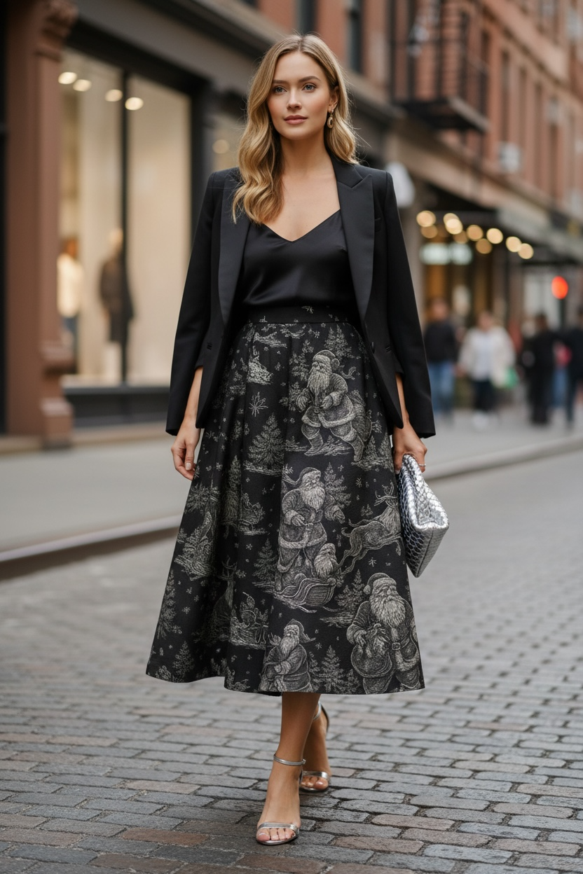 Gonna Valentina Babbo Natale  Tessuto Douchesse Nero