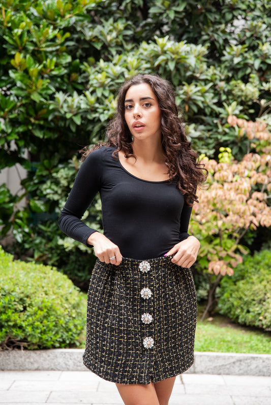 Gonna Tiziana Tweed Nero Bottoni gioiello