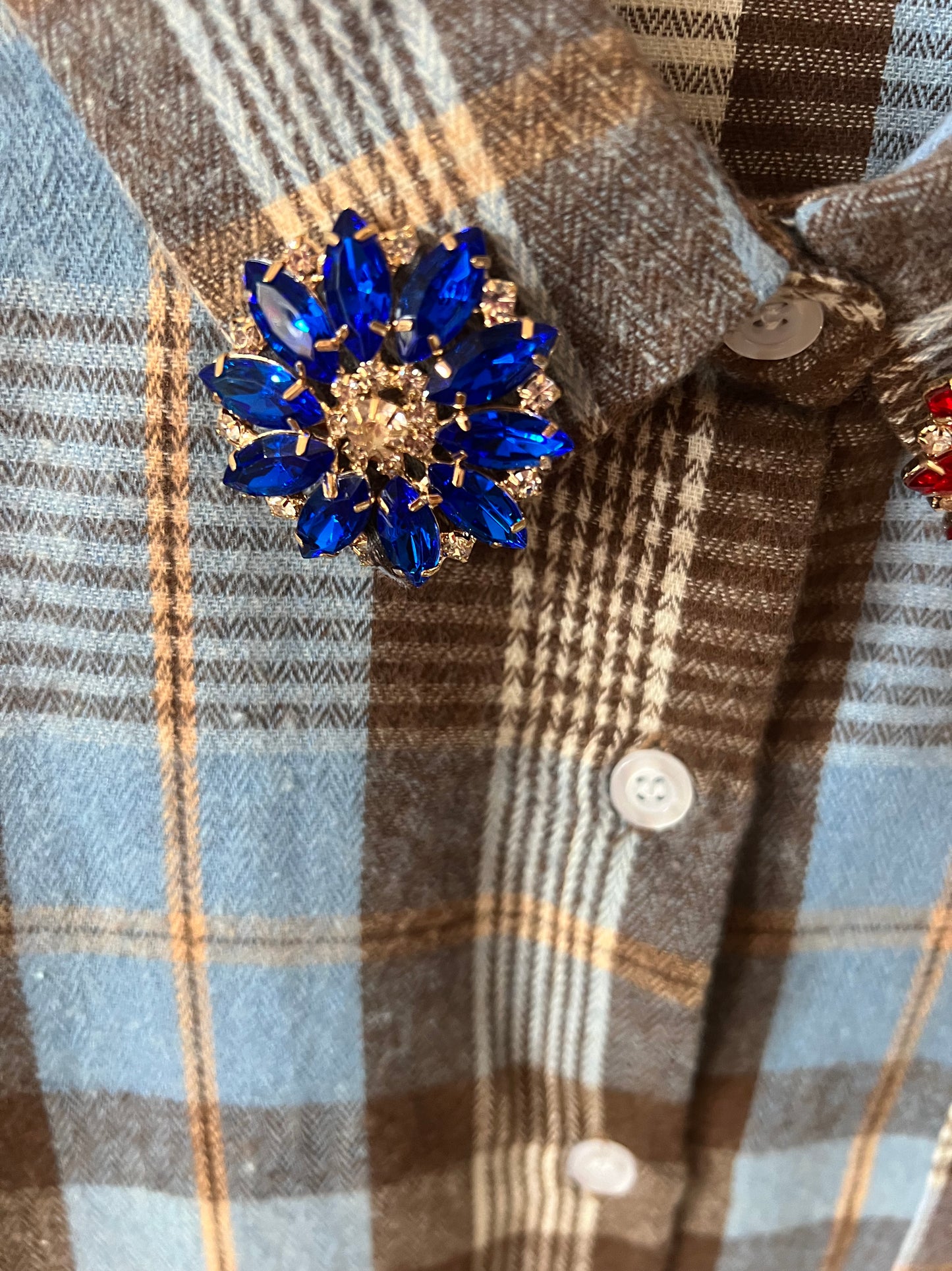 Camicia Azzurra Quadri Marroni e fiori