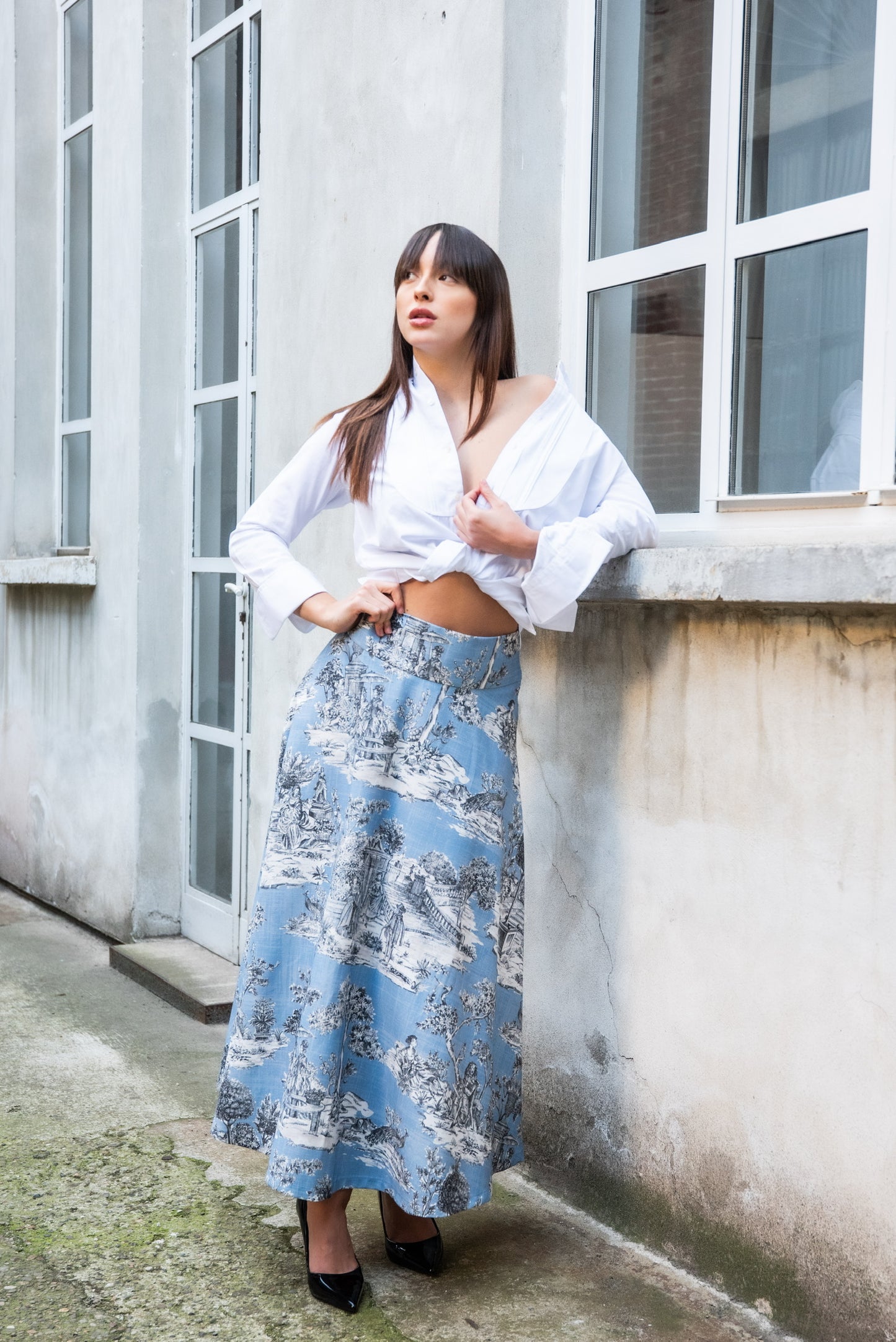 Gonna Toile de Jouy Valentino raso di cotone Azzurra