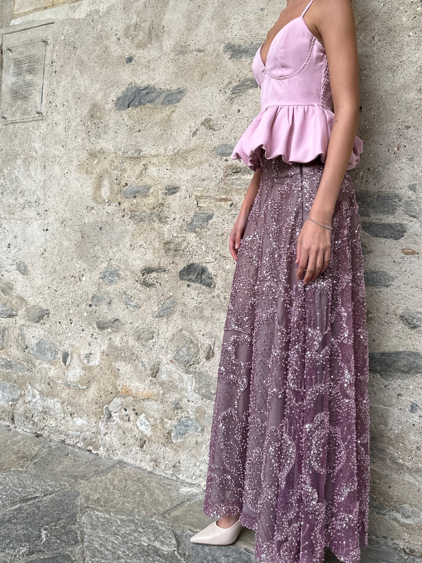 Gonna Valentina Paillettes e Cristalli LUXURY EDITION malva