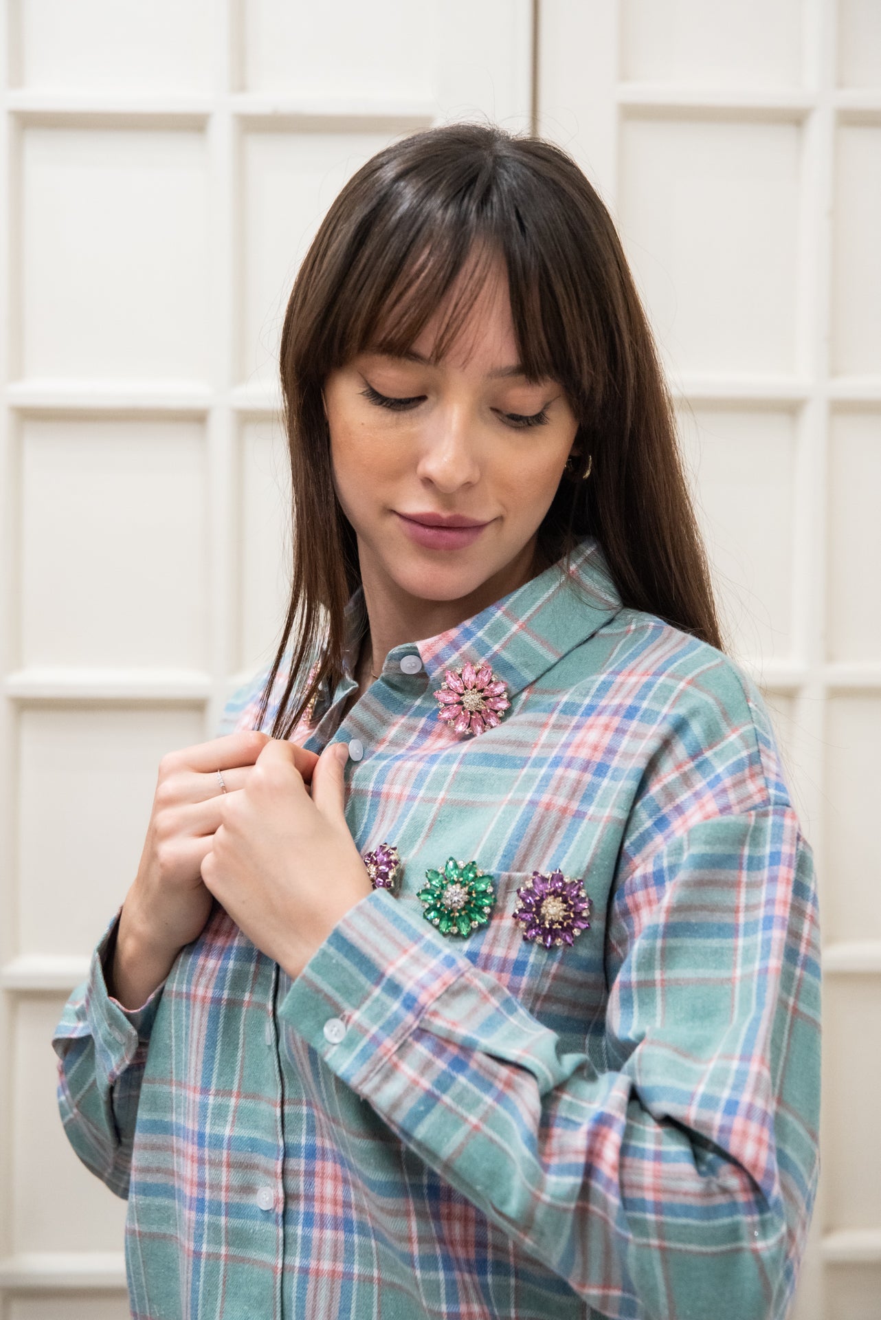 Camicia Verde quadri Rosa con Fiori