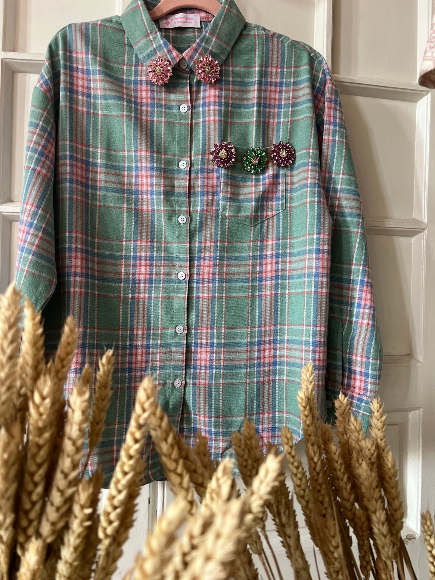 Camicia Verde quadri Rosa con Fiori