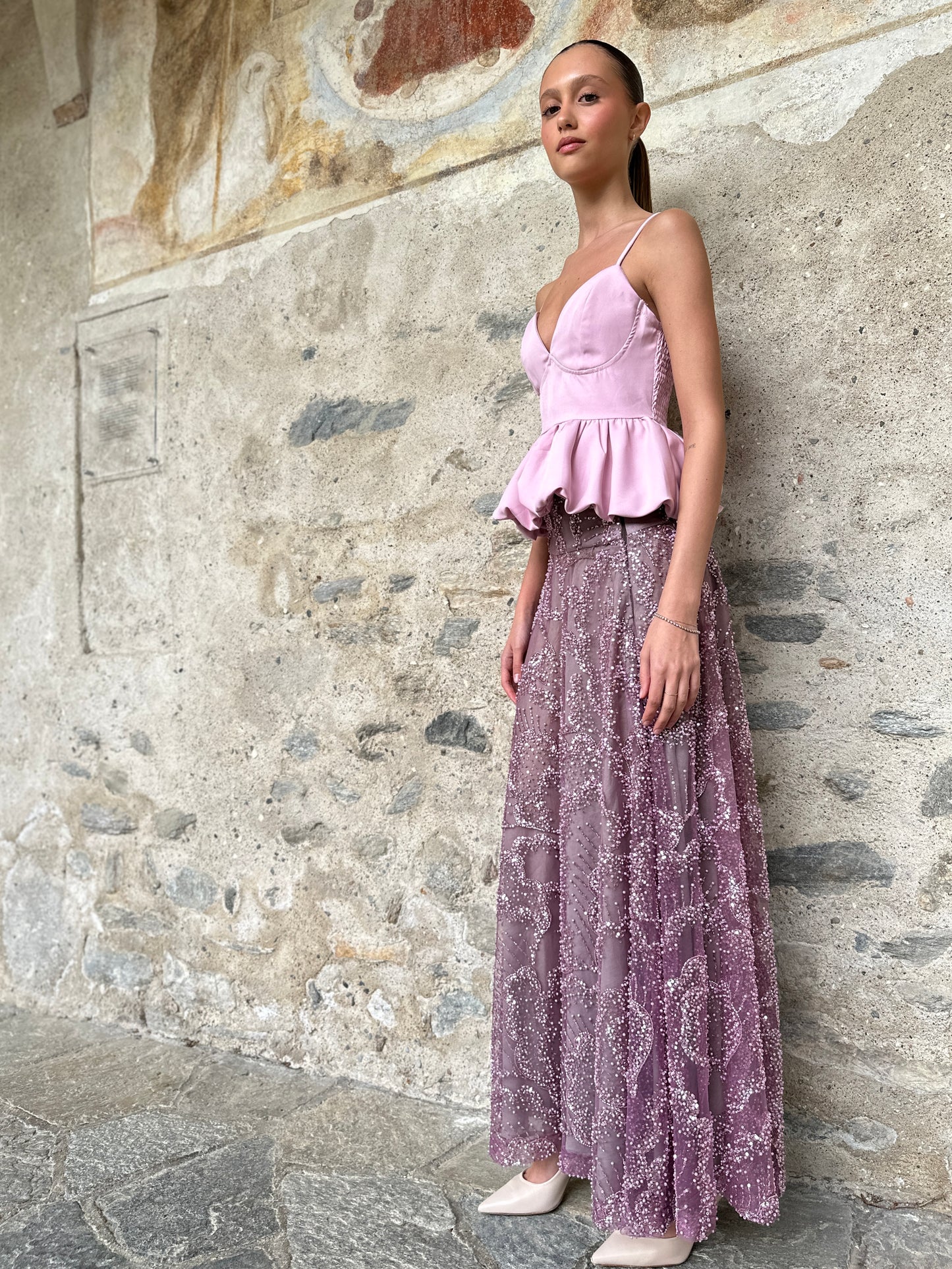 Gonna Valentina Paillettes e Cristalli LUXURY EDITION malva