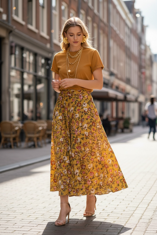 Gonna Malu’ chiffon ocra con fiori