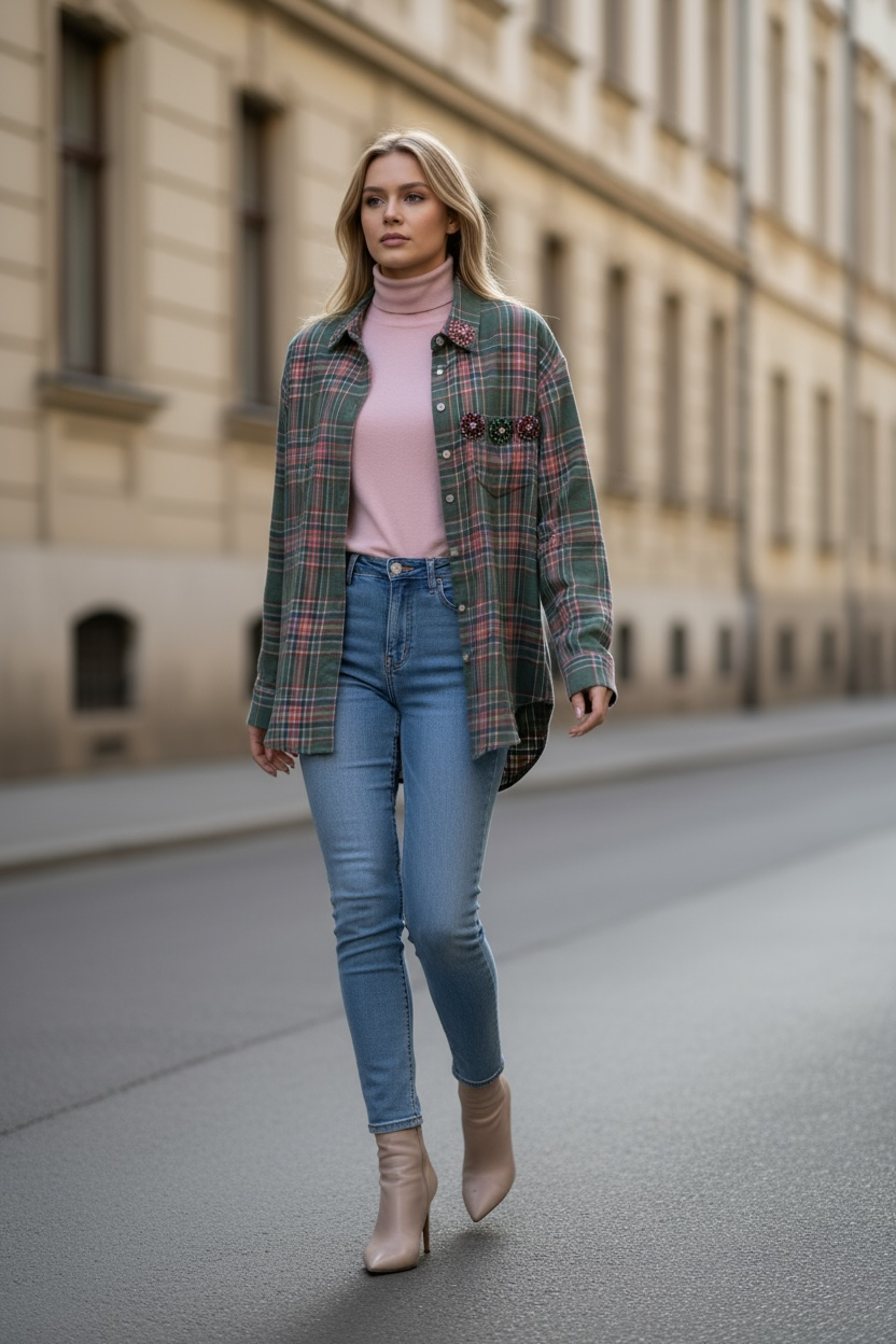 Camicia Verde quadri Rosa con Fiori