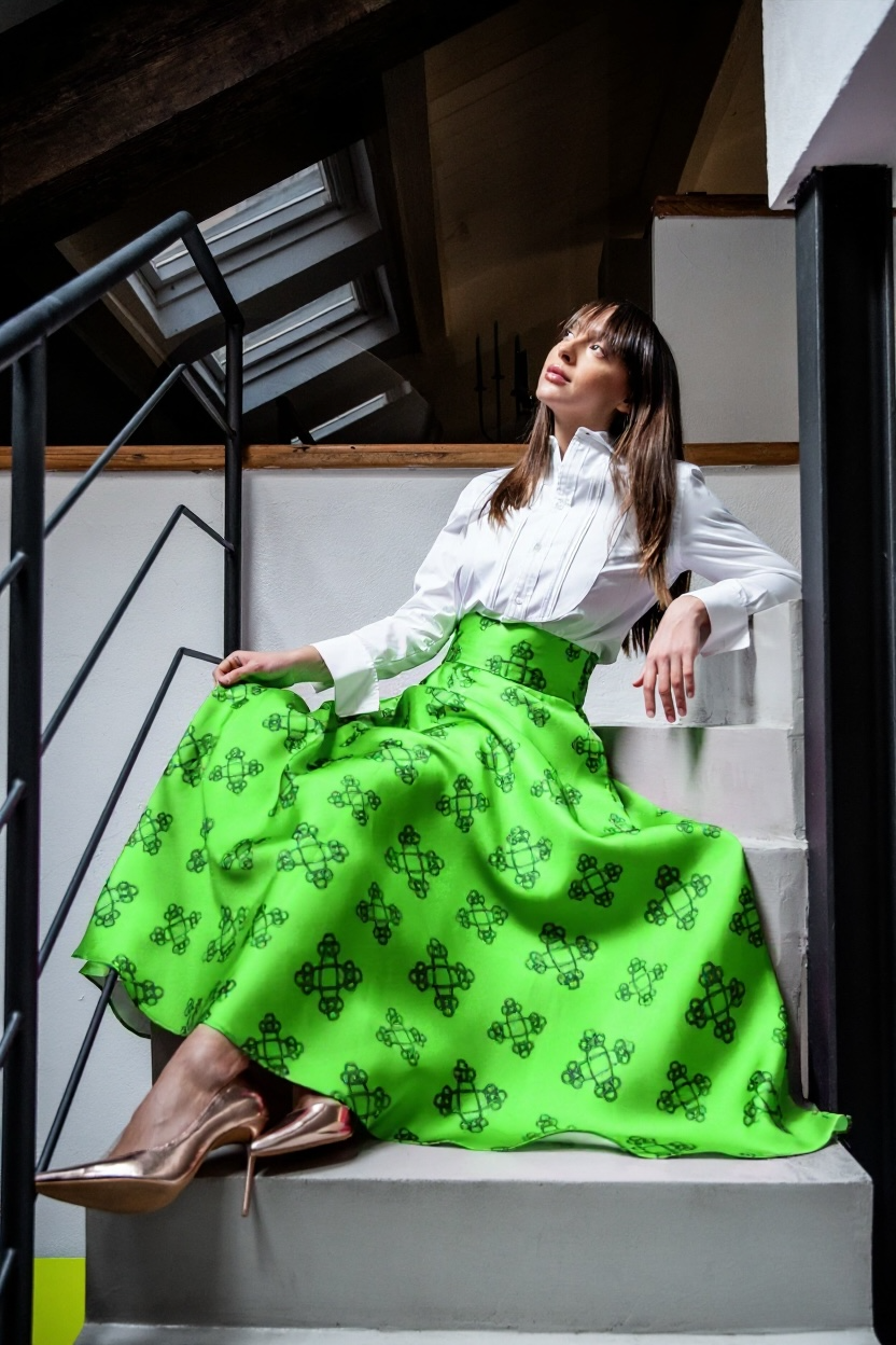 Gonna Valentina Catene tessuto Satin Verde lime